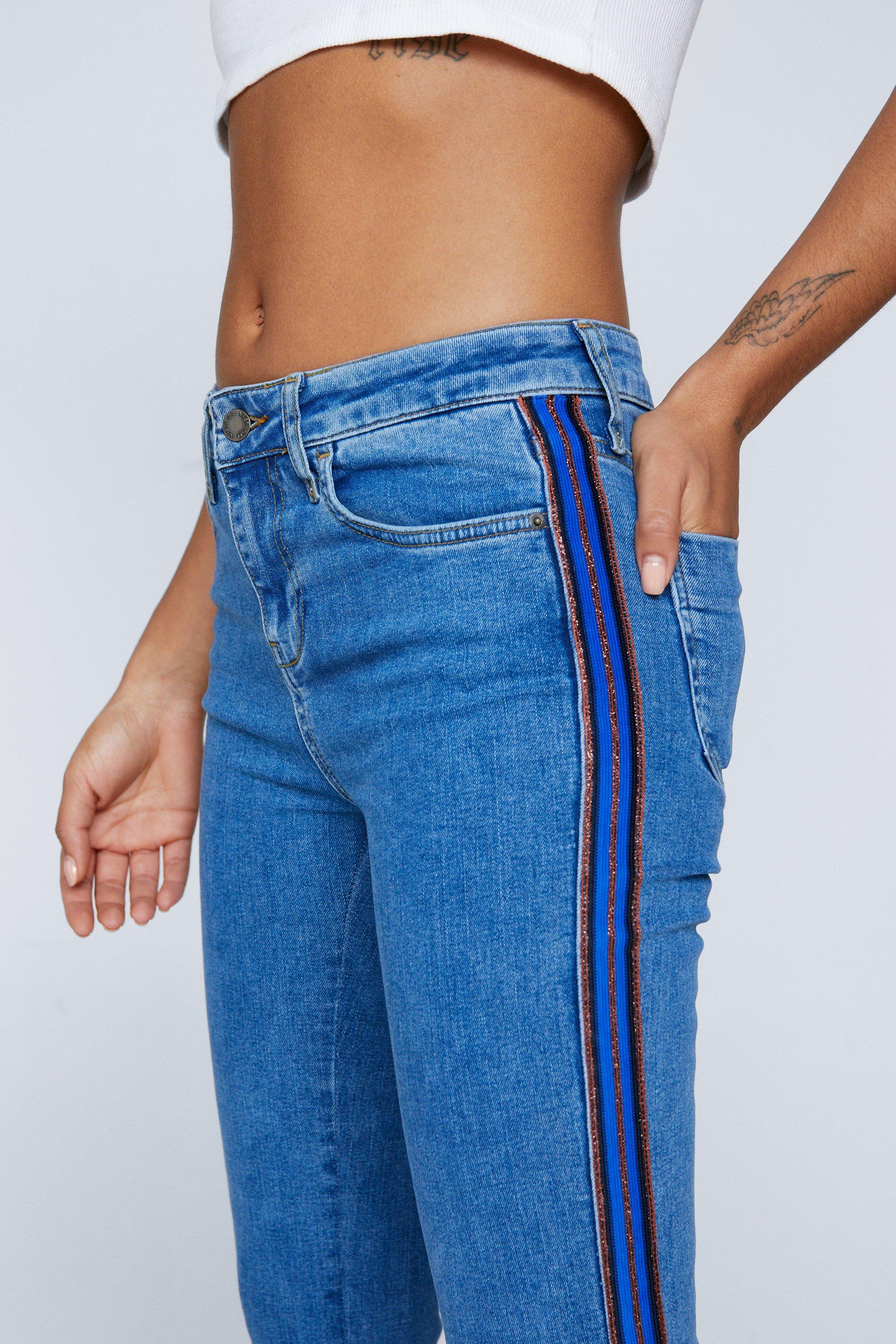 Denim pants with stripes down hot sale the side